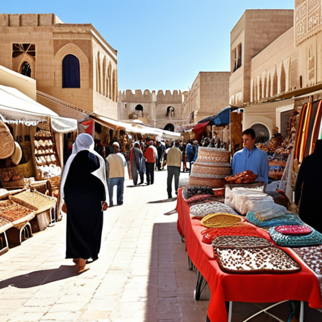 **Prompt:** A vibrant market scene in Tunisia, showcasing tourists browsing local crafts alongside vendors selling traditional goods. In the background, a modern resort hotel is visible. The overall atmosphere is sunny and bustling, highlighting Tunisia's tourism-driven economy, but with subtle hints of unemployment visible in the faces of some younger Tunisians.
