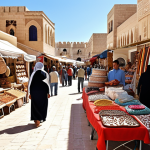 **Prompt:** A vibrant market scene in Tunisia, showcasing tourists browsing local crafts alongside vendors selling traditional goods. In the background, a modern resort hotel is visible. The overall atmosphere is sunny and bustling, highlighting Tunisia's tourism-driven economy, but with subtle hints of unemployment visible in the faces of some younger Tunisians.