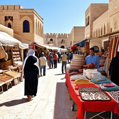 **Prompt:** A vibrant market scene in Tunisia, showcasing tourists browsing local crafts alongside vendors selling traditional goods. In the background, a modern resort hotel is visible. The overall atmosphere is sunny and bustling, highlighting Tunisia's tourism-driven economy, but with subtle hints of unemployment visible in the faces of some younger Tunisians.