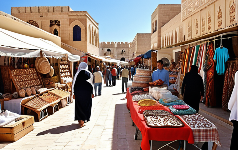 **Prompt:** A vibrant market scene in Tunisia, showcasing tourists browsing local crafts alongside vendors selling traditional goods. In the background, a modern resort hotel is visible. The overall atmosphere is sunny and bustling, highlighting Tunisia's tourism-driven economy, but with subtle hints of unemployment visible in the faces of some younger Tunisians.