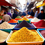 **

A vibrant Tunisian souk overflowing with colorful vegetables, fruits, spices, and dried beans. Capture the bustling atmosphere with vendors and shoppers interacting. Focus on the textures and aromas of the market. Use a shallow depth of field to highlight specific ingredients like chickpeas, lentils, and cumin. The overall feel should be warm and inviting.

**