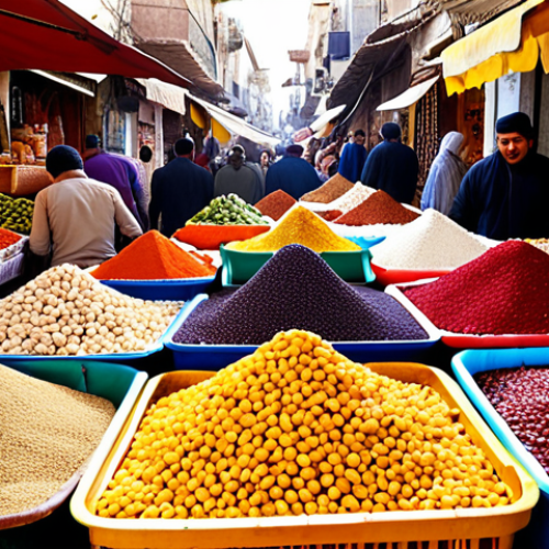 **

A vibrant Tunisian souk overflowing with colorful vegetables, fruits, spices, and dried beans. Capture the bustling atmosphere with vendors and shoppers interacting. Focus on the textures and aromas of the market. Use a shallow depth of field to highlight specific ingredients like chickpeas, lentils, and cumin. The overall feel should be warm and inviting.

**