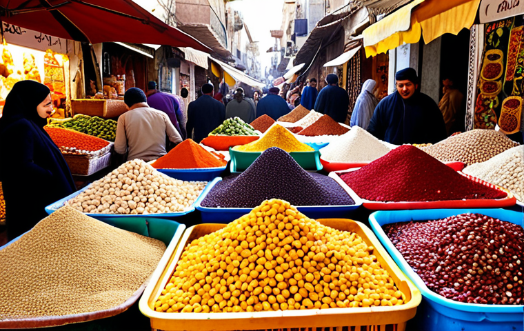 **

A vibrant Tunisian souk overflowing with colorful vegetables, fruits, spices, and dried beans. Capture the bustling atmosphere with vendors and shoppers interacting. Focus on the textures and aromas of the market. Use a shallow depth of field to highlight specific ingredients like chickpeas, lentils, and cumin. The overall feel should be warm and inviting.

**