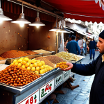 **

A worried tourist in a bustling Tunisian market, cautiously inspecting street food, with flies buzzing around uncovered fruits. Focus on conveying the risk of food poisoning and the need for vigilance regarding hygiene.

**
