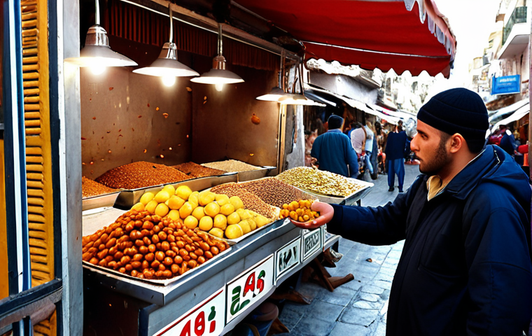 **

A worried tourist in a bustling Tunisian market, cautiously inspecting street food, with flies buzzing around uncovered fruits. Focus on conveying the risk of food poisoning and the need for vigilance regarding hygiene.

**