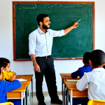 A professional male volunteer, fully clothed in a modest, appropriate collared shirt and practical trousers, teaching English to a group of young, diverse Tunisian children in a brightly lit, simple classroom. The children are attentive, seated at wooden desks, with books and pencils. The background shows a blackboard with some chalk drawings and local artwork. The scene is filled with a sense of warmth, learning, and cultural exchange. Natural lighting, professional photography, high quality, safe for work, appropriate content, perfect anatomy, correct proportions, natural pose, well-formed hands, proper finger count, natural body proportions, family-friendly.