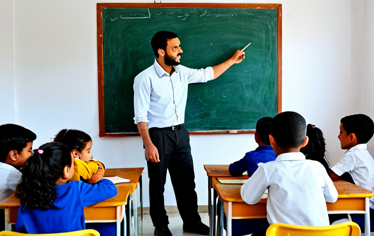 A professional male volunteer, fully clothed in a modest, appropriate collared shirt and practical trousers, teaching English to a group of young, diverse Tunisian children in a brightly lit, simple classroom. The children are attentive, seated at wooden desks, with books and pencils. The background shows a blackboard with some chalk drawings and local artwork. The scene is filled with a sense of warmth, learning, and cultural exchange. Natural lighting, professional photography, high quality, safe for work, appropriate content, perfect anatomy, correct proportions, natural pose, well-formed hands, proper finger count, natural body proportions, family-friendly.