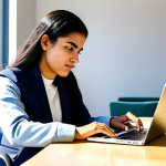 A young Tunisian entrepreneur, fully clothed in a professional, modest business casual outfit, sits at a clean desk in a modern, sunlit co-working space. They are focused on a laptop, surrounded by design sketches, embodying determination and innovation. The setting highlights the vibrant startup culture against economic challenges. Professional photography, high resolution, soft lighting, appropriate attire, safe for work, perfect anatomy, correct proportions, natural pose, well-formed hands, proper finger count, natural body proportions, professional, appropriate content, family-friendly.
