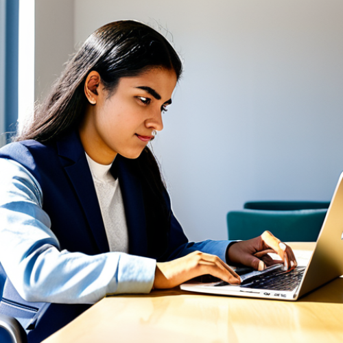 A young Tunisian entrepreneur, fully clothed in a professional, modest business casual outfit, sits at a clean desk in a modern, sunlit co-working space. They are focused on a laptop, surrounded by design sketches, embodying determination and innovation. The setting highlights the vibrant startup culture against economic challenges. Professional photography, high resolution, soft lighting, appropriate attire, safe for work, perfect anatomy, correct proportions, natural pose, well-formed hands, proper finger count, natural body proportions, professional, appropriate content, family-friendly.