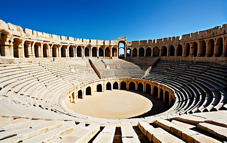 튀니지의 로마 유적 - El Jem Amphitheater**

"Grand view inside El Jem amphitheater, Tunisia. Sunlight casting shadows on ...