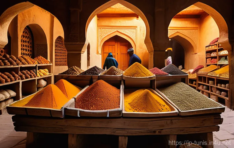 튀니지 로컬 시장 방문기 - Image Prompt 1: Vibrant Tunisian Spice Market**