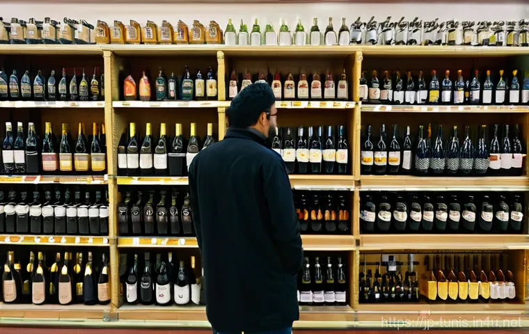 튀니지 내 주류 판매법 - **Prompt:** A discreet alcohol section within a large, modern supermarket in Tunis, Tunisia. The are...