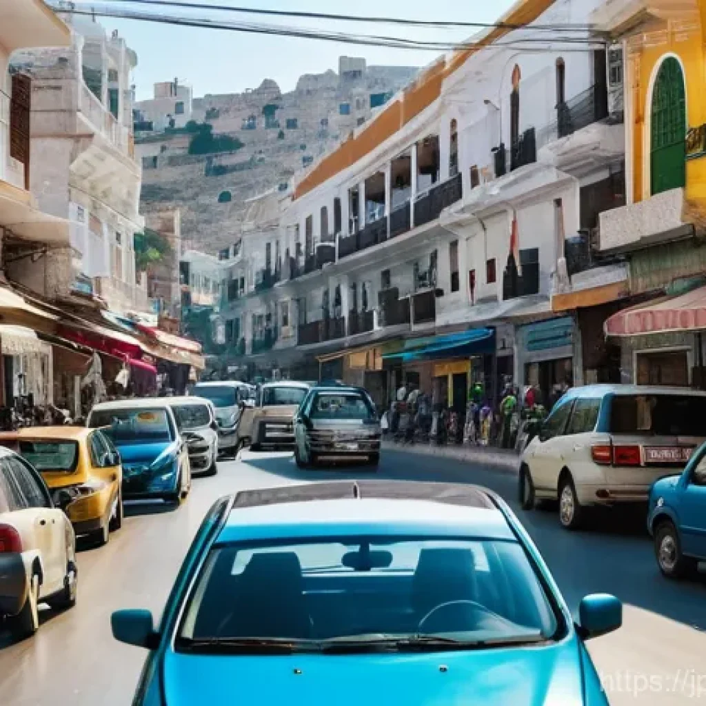 튀니지 도로교통 법규 - A vibrant and bustling street scene in a Tunisian city during the day. A well-maintained rental car,...