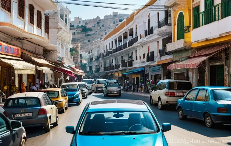 튀니지 도로교통 법규 - A vibrant and bustling street scene in a Tunisian city during the day. A well-maintained rental car,...