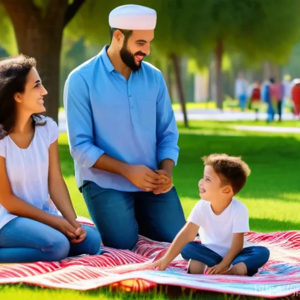 튀니지 노동법 및 근로 조건 - **Prompt: "A vibrant and inclusive public park scene in Tunisia, on a sunny day during a national ho...