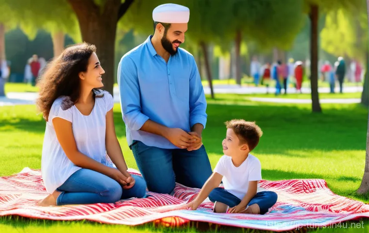 튀니지 노동법 및 근로 조건 - **Prompt: "A vibrant and inclusive public park scene in Tunisia, on a sunny day during a national ho...