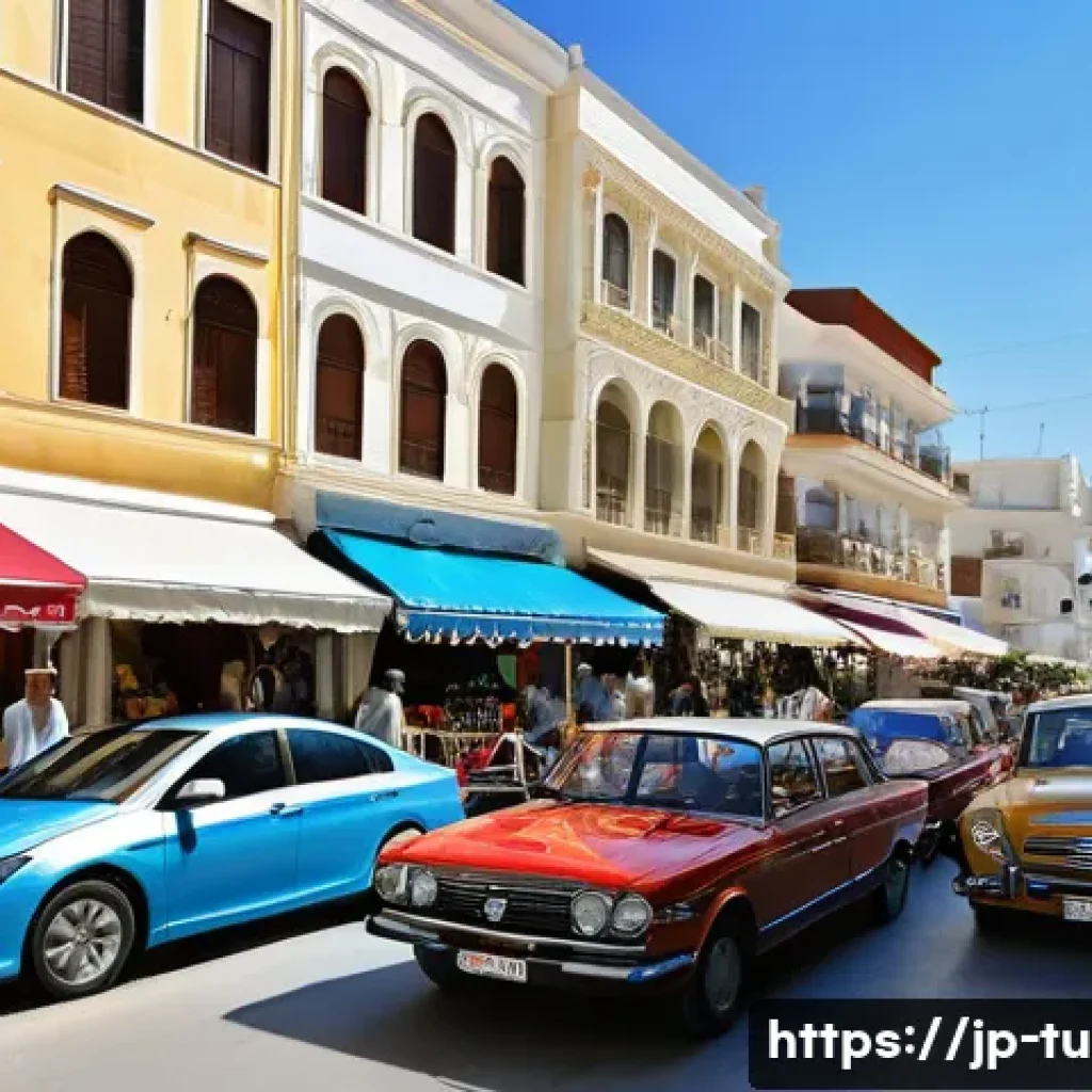 튀니지 자동차 시장 - A bustling urban street scene in Tunisia showcasing a diverse range of imported cars from Europe, Ko...