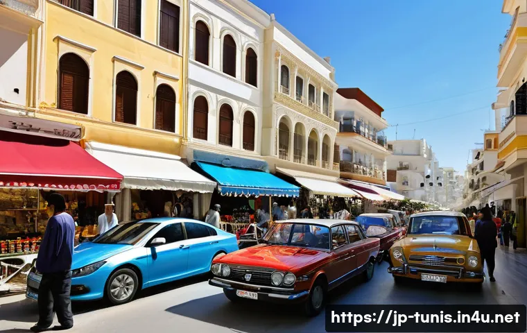 튀니지 자동차 시장 - A bustling urban street scene in Tunisia showcasing a diverse range of imported cars from Europe, Ko...