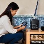 튀니지 전압과 플러그 유형 - A detailed scene of a modern Japanese traveler in Tunisia&rsquo;s hotel room, carefully examining a multi-...