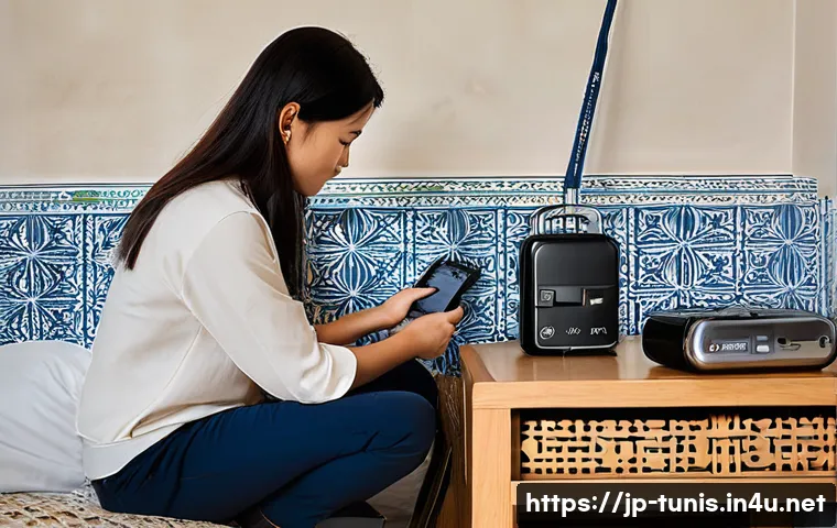 튀니지 전압과 플러그 유형 - A detailed scene of a modern Japanese traveler in Tunisia&rsquo;s hotel room, carefully examining a multi-...