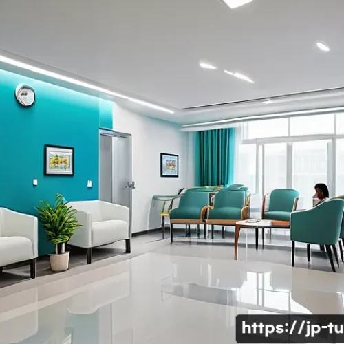 튀니지 내 병원 등급 - A modern Tunisian private hospital interior scene, showcasing a bright, clean, and comfortable waiti...