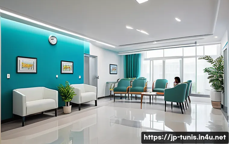튀니지 내 병원 등급 - A modern Tunisian private hospital interior scene, showcasing a bright, clean, and comfortable waiti...
