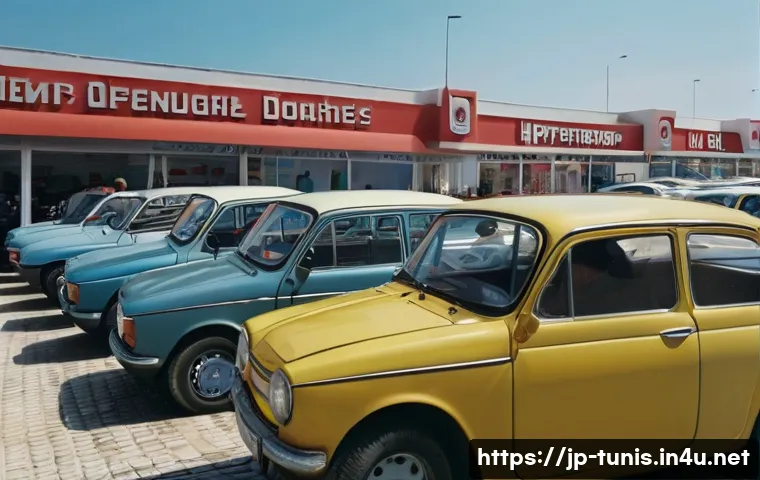 튀니지에서 중고차 구입 가이드 - A bustling used car dealership in Tunisia during daytime, showing a variety of well-maintained cars ...