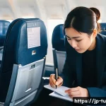 튀니지 비자 및 입국 절차 - A modern airport immigration scene in Tunisia featuring a young Japanese traveler filling out an ent...