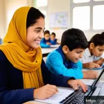 튀니지의 교육 개혁 - A modern classroom in Tunisia featuring diverse elementary school students attentively using tablets...