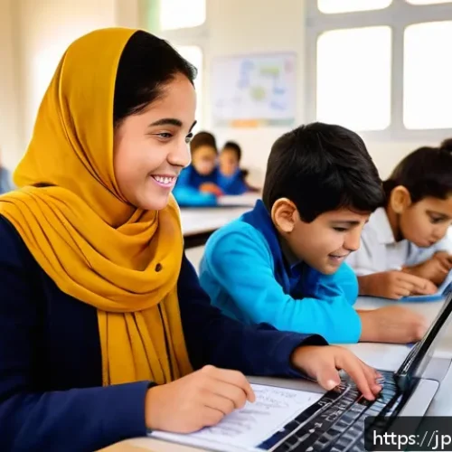 튀니지의 교육 개혁 - A modern classroom in Tunisia featuring diverse elementary school students attentively using tablets...