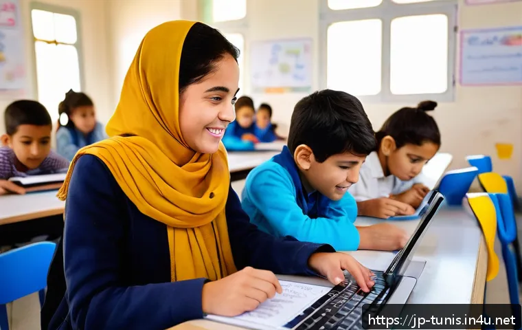 튀니지의 교육 개혁 - A modern classroom in Tunisia featuring diverse elementary school students attentively using tablets...