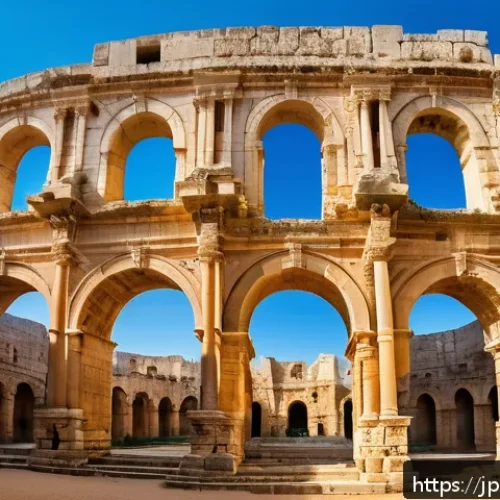 엘젬 원형경기장 방문기 - A breathtaking panoramic view of the El Djem Roman amphitheater under a bright morning sky, showcasi...
