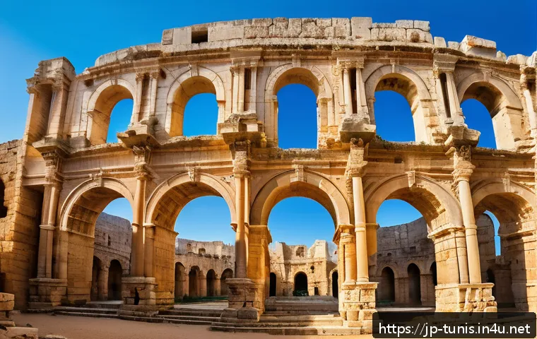 엘젬 원형경기장 방문기 - A breathtaking panoramic view of the El Djem Roman amphitheater under a bright morning sky, showcasi...