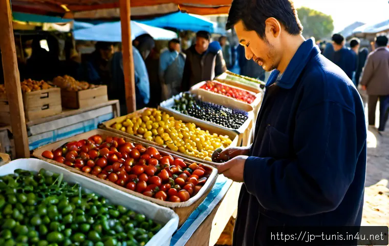 튀니지에서 베건 식단 유지하기 - Photorealistic Tunisian open-air market scene, a Japanese traveler choosing fresh tomatoes, peppers,...