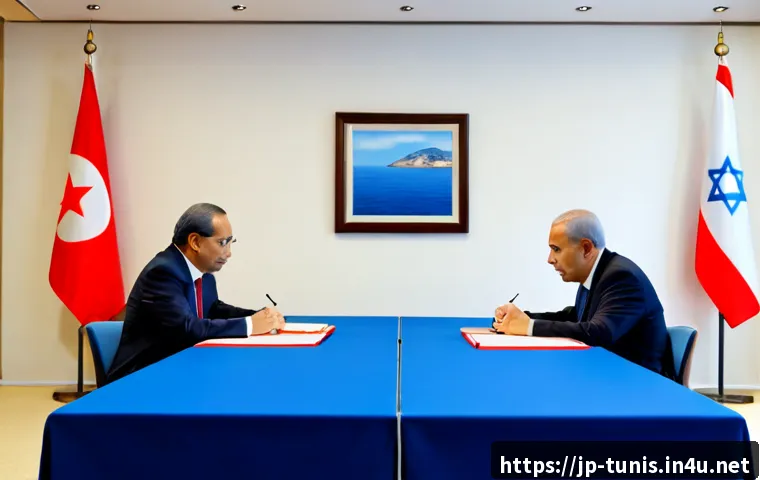 튀니지와 이스라엘 외교 문제 - Photorealistic diplomatic meeting in a neutral Mediterranean conference room, two diverse senior off...