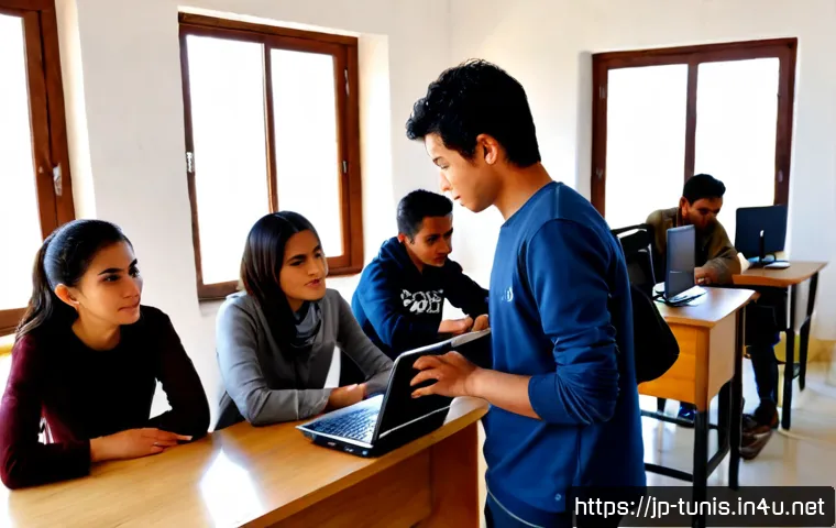 튀니지 내 IT 교육 및 개발자 성장 - Photorealistic modern IT training classroom in Tunis, Tunisia, diverse young adult students collabor...