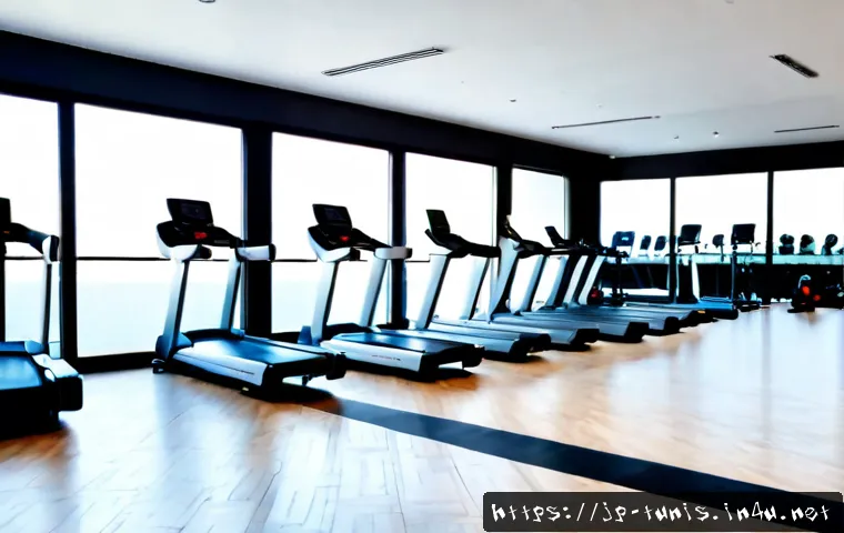 튀니지 내 스포츠 시설 및 헬스장 - Photorealistic modern fitness gym interior in Tunisia, spacious clean workout floor with treadmills,...